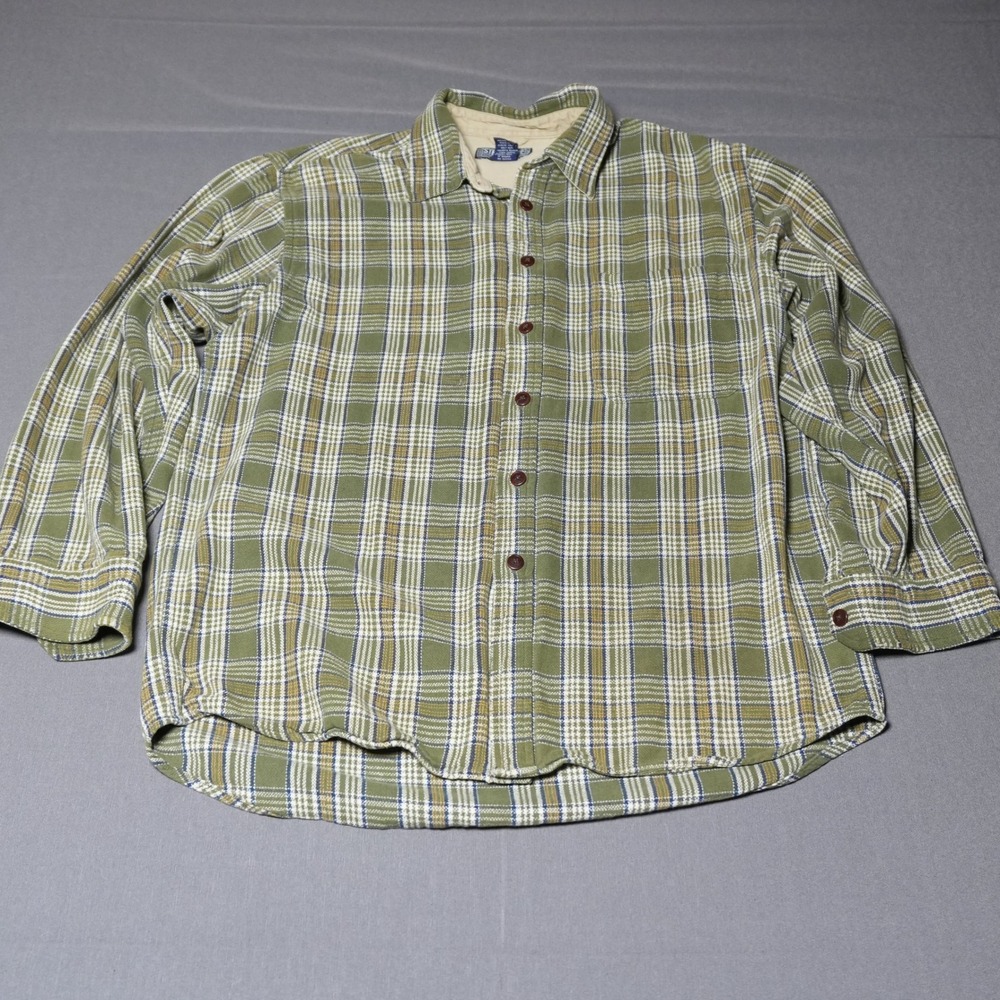 Y2k Structure Small Olive Green Plaid Cotton Long Sleeve Button Front Shirt